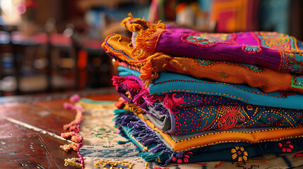 A stack of vibrant cloth napkins with embroidered edges, adding a pop of color to the dining table