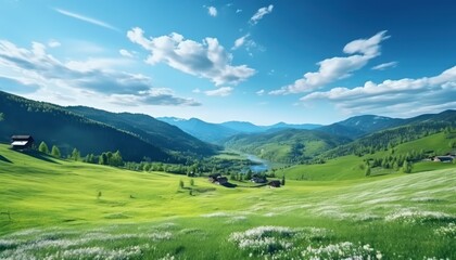 Obraz premium A stunning spring day landscaping views of fertile land surrounded beautiful green vegetation, wide stretches of hills and mountains with clear skies in spring