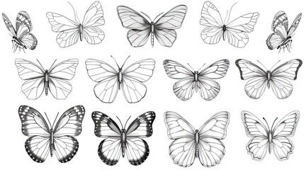 Obraz premium Butterfly continuous line drawing elements set isolated on white background, butterflies design, butterfly drawing