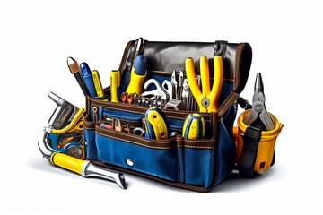 Tool bag filled with tools and tools on white background.