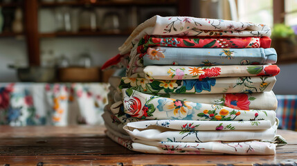 A stack of vintage-inspired tea towels with charming floral patterns, adding a touch of nostalgia to the kitchen