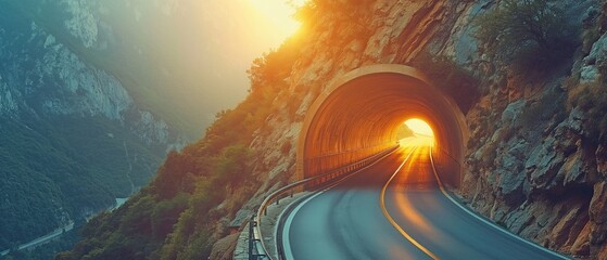 Through a mountain tunnel for highways. On the road, traffic. From above, transportation