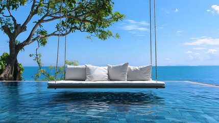 Beautiful Swing sofa on the Swimming pool waters, generative AI