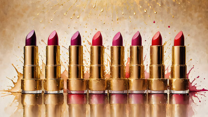 Obraz premium Mockup of a row of lipsticks on a gold background with splashes of flowers. presentation of cosmetics. illustration