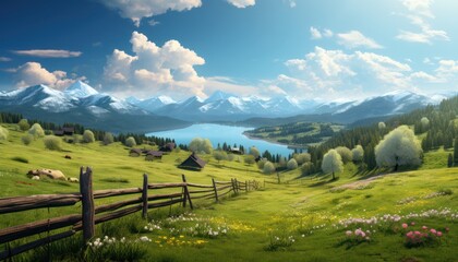 A stunning spring day landscaping views of fertile land surrounded beautiful green vegetation, wide stretches of hills and mountains with clear skies in spring