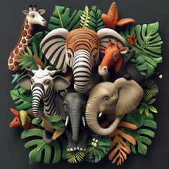 Naklejka premium Many types of animals in 3D Wallpaper colorful