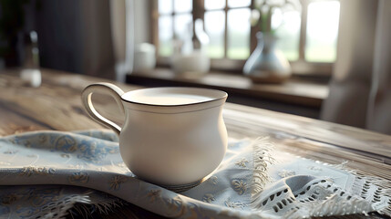 A vintage-inspired milk pitcher filled with creamy milk, ready to be poured over a bowl of cereal or into coffee
