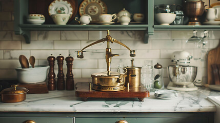 A vintage-style scale with brass weights, adding a touch of old-world charm to the kitchen countertop