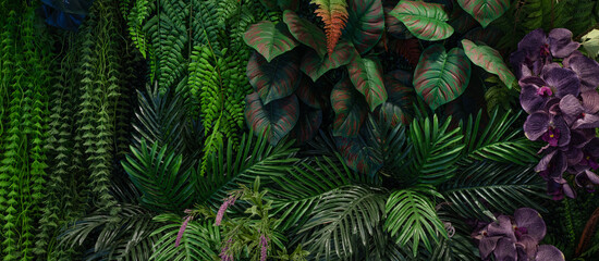 Full Frame of Green Leaves Pattern Background, Nature Lush Foliage Leaf Texture, tropical leaf.