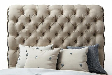 Obraz premium Generate an image of a luxurious tufted headboard. The headboard should be beige and have a diamond-tufted pattern. It should be shown in a bedroom setting with pillows and a bed.