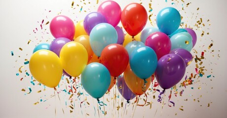 Colorful balloon party decoration with foil confetti on white background