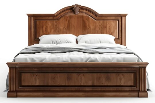 Visualize and generate an image of a luxurious king size bed made of dark wood with intricate carvings on the headboard