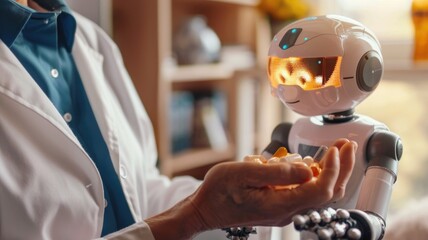 A healthcare robot assisting an elderly person with their daily medication routine