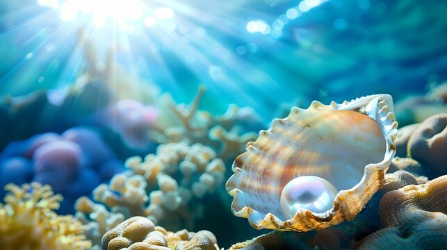 Exquisite pearl in a shell on a vibrant, sunlit underwater coral reef 