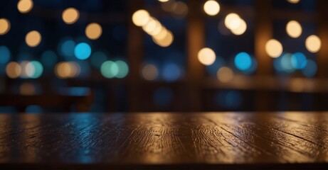 Empty wooden table against blurred bokeh light backdrop, night scene