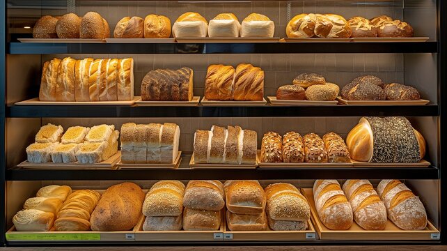 Different types of breads displayed on the shelves of a mall bakery
