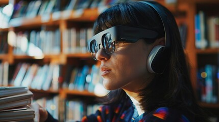 Close up of visually impaired person using earphones for voice guidance, surrounded by colorful books and innovative tools in a library