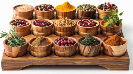 Fototapeta premium A variety of spices in wooden bowls on a wooden tray.