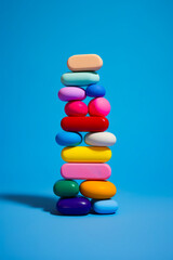 Stack of colorful rocks on blue background with blue background.