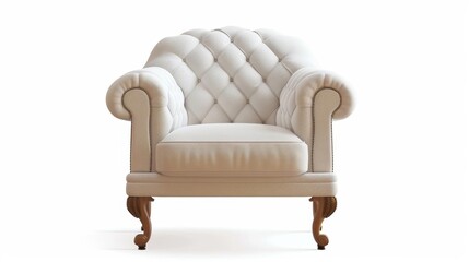 Generate a photo of a white tufted armchair with wooden legs