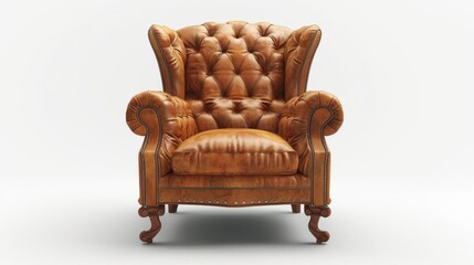 Photo of a vintage brown leather armchair with a tufted backrest and rolled arms, sitting on a white background.