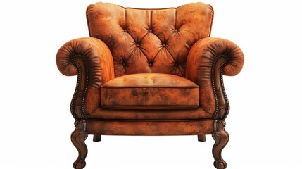 Photo of a vintage, brown leather armchair with intricate button-tufting and rolled arms.