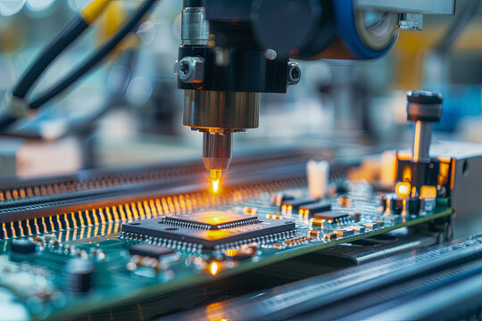 Circuit board with microchip on electronics manufacturing assembly line