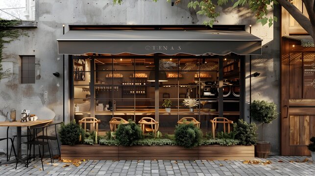 Cozy urban cafe exterior facade with wooden decor accents and large window