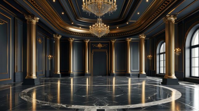 An opulent ballroom with dark marble floors and gold accents. The walls are lined with Corinthian columns and the ceiling is coffered and decorated with a large chandelier.