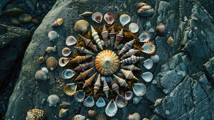 A top-down shot of a cluster of seashells and seaweed arranged naturally on the shore.