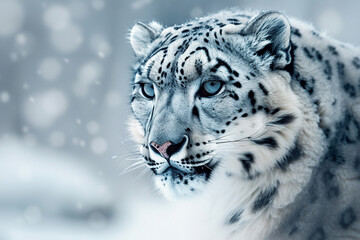 Close-up of a majestic snow leopard in a snowy landscape, showcasing its beautiful fur and piercing eyes. Wildlife photography at its finest.