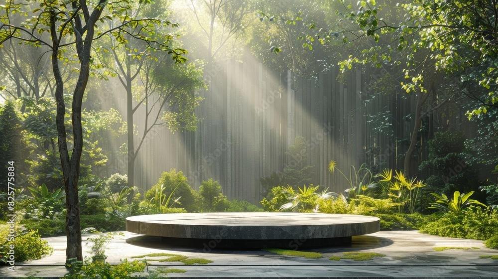 Poster a spotlight shines down on an empty stage in the middle of a lush forest.