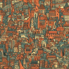 Obraz premium Abstract seamless pattern with buildings. Perfect for fabric, textile, wallpaper, kindergarten.