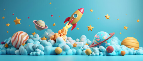 A spaceship 3D clay cloud background for kids