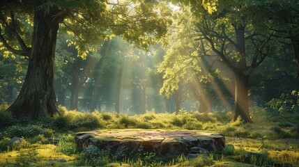 A mystical stone platform sits in a sunlit forest glade. The air is still and the atmosphere is magical.