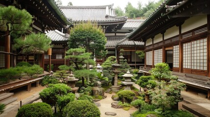 Obraz premium A traditional Japanese temple courtyard with wooden architecture and carefully manicured gardens, exuding serenity.