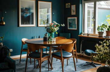 A dining room with blue walls, wooden table and chairs in an apartment with modern interior design