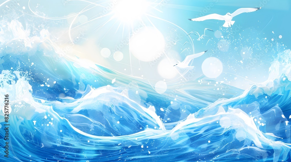 Poster summer background and banner with water, splash and waves in vector abstract shape.