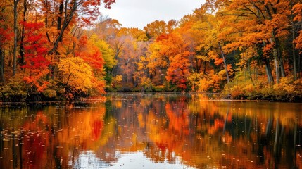 Fototapeta premium A tranquil pond surrounded by trees ablaze with fall colors, offering a reflective oasis in the leafy season.