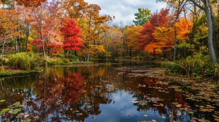 A tranquil pond surrounded by trees ablaze with fall colors, offering a reflective oasis in the leafy season.