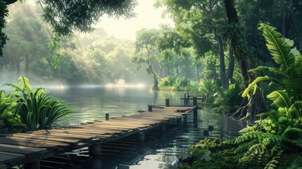 A tranquil riverside setting with a wooden pier and lush greenery, providing a peaceful spot for contemplation and relaxation. - Powered by Adobe