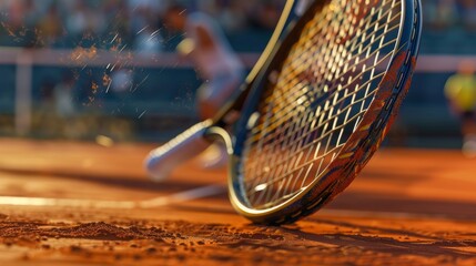 Close-up of a tennis racket in mid-swing on a clay court, an upset player in the background, dynamic motion capture