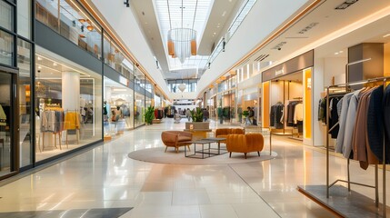 clothing boutique inside a bright shopping mall, featuring a spacious and sophisticated interior with a clear glass facade, retail store displaying a luxury collection of contemporary urban outfits