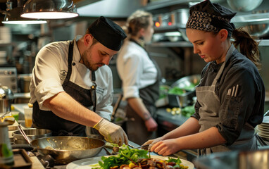 two chefs in a professional kitchen, one woman and the other man preparing food together.