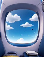 Fototapeta premium A portrait and close up image of an airplane window seat with sky view visible through the window, copy space 