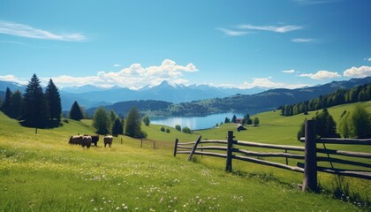 A stunning spring day landscaping views of fertile land surrounded beautiful green vegetation, wide stretches of hills and mountains with clear skies in spring
