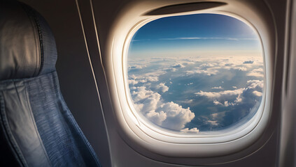 A portrait and close up image of an airplane window seat with sky view visible through the window, copy space
