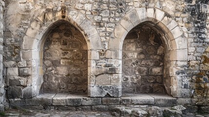 Fototapeta premium A vintage stone wall with arched doorways, reminiscent of medieval architecture.