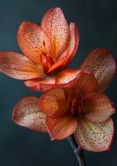 A close up of two orange flowers with white dots.