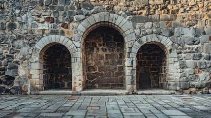 A vintage stone wall with arched doorways, reminiscent of medieval architecture.